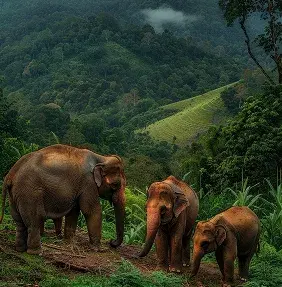 Wild elephants in photorealistic scene
